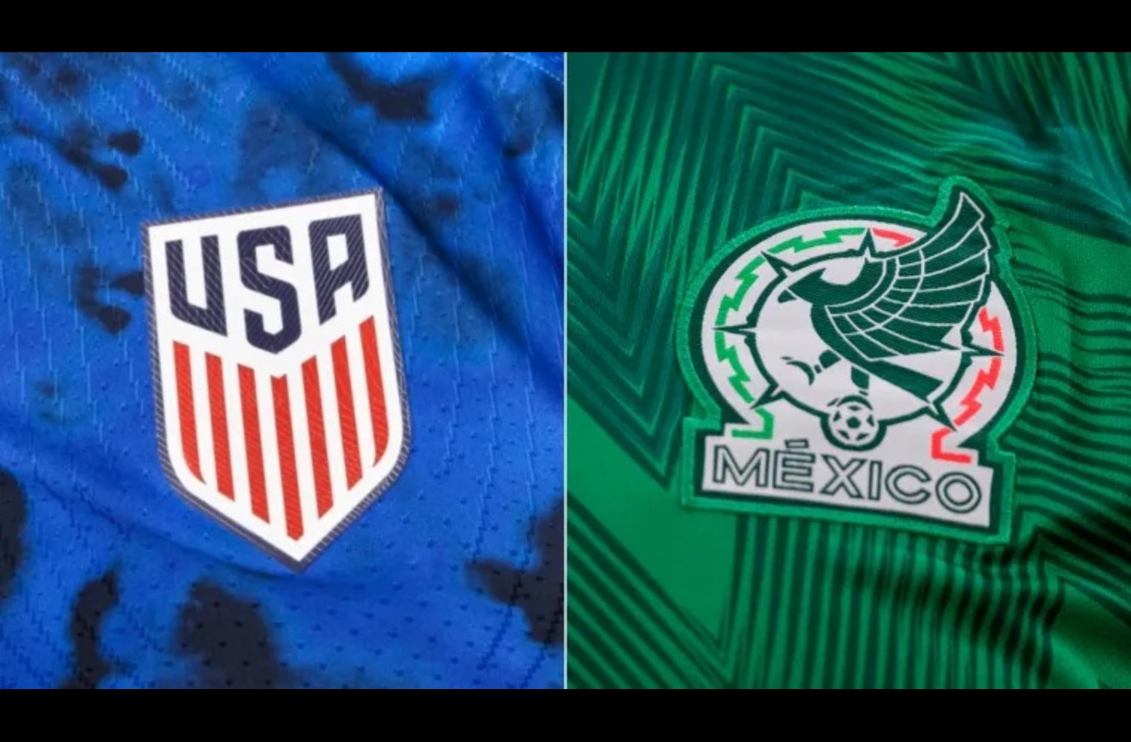 Split screen of USMNT badge and Mexican national team badge